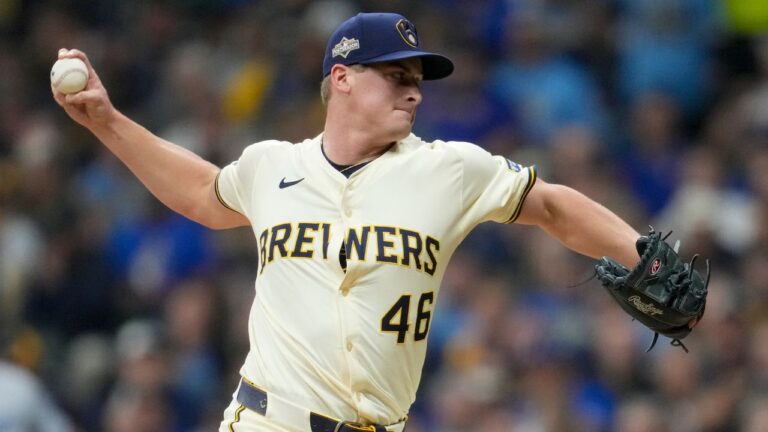 Milwaukee Brewers pitcher Quinn Priester throws against the Los Angeles Dodgers during the National League Championship Series, Monday, Oct. 13, 2025, in Milwaukee. (Ashley Landis/AP)