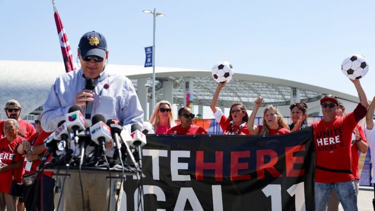 Food and beverage workers cheer during a news conference in front of Sofi Stadium Tuesday, June 9, 2026 in Inglewood, Calif. (Ryan Sun/AP)