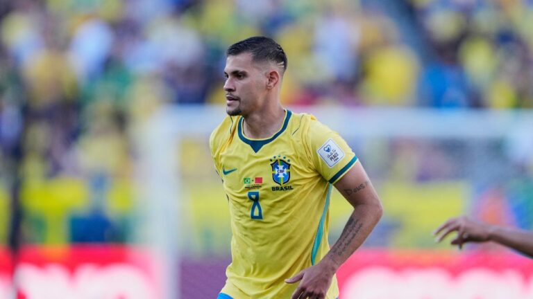 Brazil's Bruno Guimaraes in action during the World Cup against Morocco in East Rutherford, N.J., near New York, Saturday, June 13, 2026. (Petr David Josek/AP)