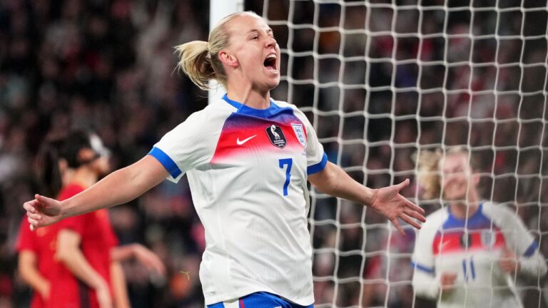 England's Beth Mead celebrates after scoring during the women's international friendly match between England and China in London, England, Saturday, Nov. 29, 2025. (Kirsty Wigglesworth/AP)