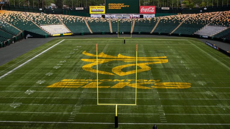 The Elks unveil their new name and logo at Commonwealth Stadium in Edmonton, on Tuesday, June 1, 2021. (Jason Franson/CP)
