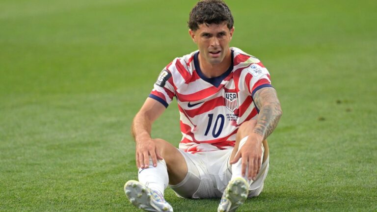 Christian Pulisic sits on the grass after during the World Cup Group D match in Inglewood, Calif., near Los Angeles, Friday, June 12, 2026. (Jayne Kamin-Oncea/AP)