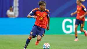 Spain's Lamine Yamal dribbles the ball during the World Cup match between Spain and Cape Verde in Atlanta, Monday, June 15, 2026. (Stew Milne/AP)