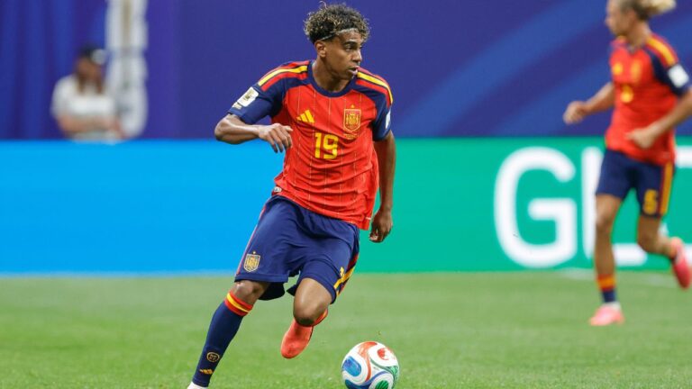 Spain's Lamine Yamal dribbles the ball during the World Cup match between Spain and Cape Verde in Atlanta, Monday, June 15, 2026. (Stew Milne/AP)
