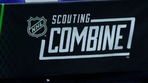 participates in the during the NHL Combine, Saturday, June 10, 2023, in Buffalo, N.Y. (AP Photo/Jeffrey T. Barnes)