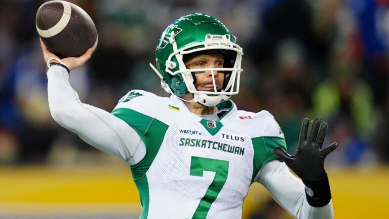 Saskatchewan Roughriders quarterback Trevor Harris throws while taking on the Montreal Alouettes during the 112th Grey Cup, in Winnipeg on Sunday, Nov. 16, 2025. (Frank Gunn/CP)