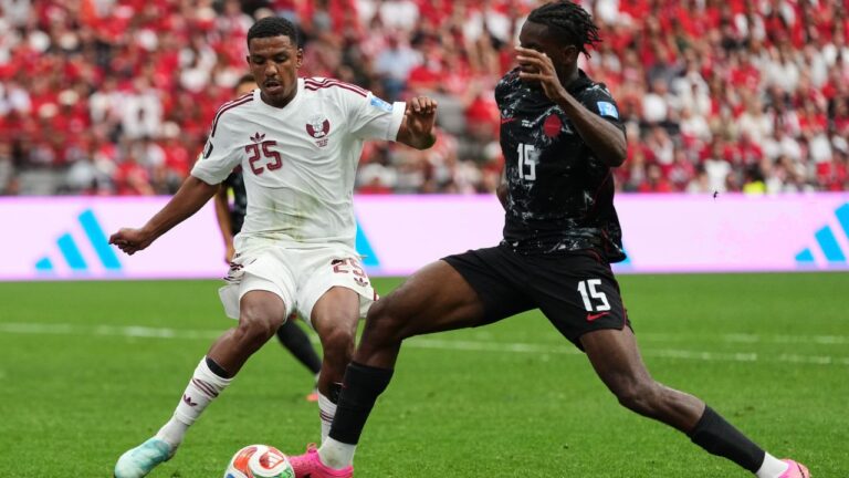 Canada's Moise Bombito challenges for the ball during the World Cup Group B match in Vancouver, British Columbia, Thursday, June 18, 2026. (Abbie Parr/AP)