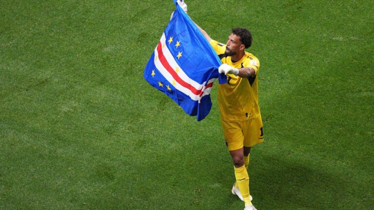 Cape Verde goalkeeper Vozinha waves a flag for fans after a 0-0 draw during the World Cup match between Spain and Cape Verde in Atlanta, Monday, June 15, 2026. (Jacob Kupferman/AP)