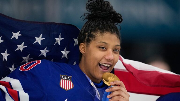 United States' Laila Edwards after the United States' women's hockey team was presented with gold medals at the 2026 Winter Olympics, in Milan, Italy, on Feb. 19, 2026. (Petr David Josek/AP)