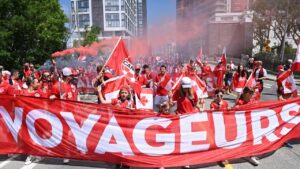 Canada's Voyageurs parade toward Toronto Stadium ahead of Canada's World Cup match against Bosnia and Herzegovina in Toronto, on Friday, June 12, 2026. (Jon Blacker/CP)