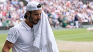 Lorenzo Musetti during his semifinal match at the Wimbledon tennis championships in London on July 12, 2024. (Alberto Pezzali/AP)
