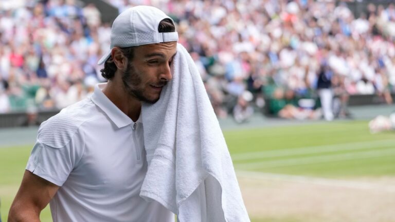 Lorenzo Musetti during his semifinal match at the Wimbledon tennis championships in London on July 12, 2024. (Alberto Pezzali/AP)