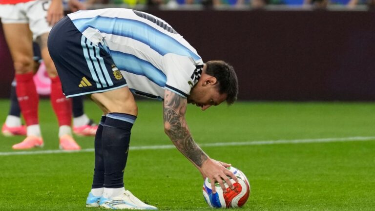 Lionel Messi places the ball for a penalty kick during the World Cup match against Austria in Arlington, Texas, near Dallas, Monday, June 22, 2026. (Tony Gutierrez/AP)