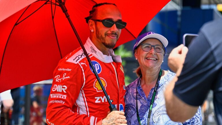 Ferrari driver Lewis Hamilton of Britain poses in the paddock ahead of the Austrian F1 Grand Prix, in Spielberg, Austria, Thursday, June 25, 2026. (Denes Erdos/AP)