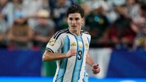 Argentina's Julian Alvarez controls the ball during the match between Argentina and Algeria in Kansas City, Mo., Tuesday, June 16, 2026. (Charlie Riedel/AP)