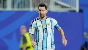 Lionel Messi controls the ball during Argentina's World Cup match against Algeria in Kansas City, Mo., Tuesday, June 16, 2026. (Charlie Riedel/AP)