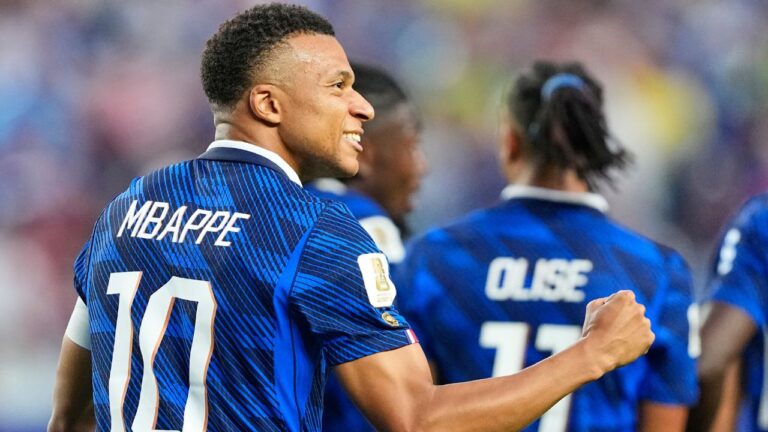 Kylian Mbappe reacts after scoring his team's second goal during the match between France and Iraq in Philadelphia, Monday, June 22, 2026. (Petr David Josek/AP)