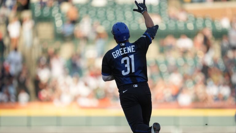 Detroit Tigers' Riley Greene reacts to his home run agains the New York Yankees during the fifth inning of a game on Monday, June 22, 2026, in Detroit. (Paul Sancya/AP)