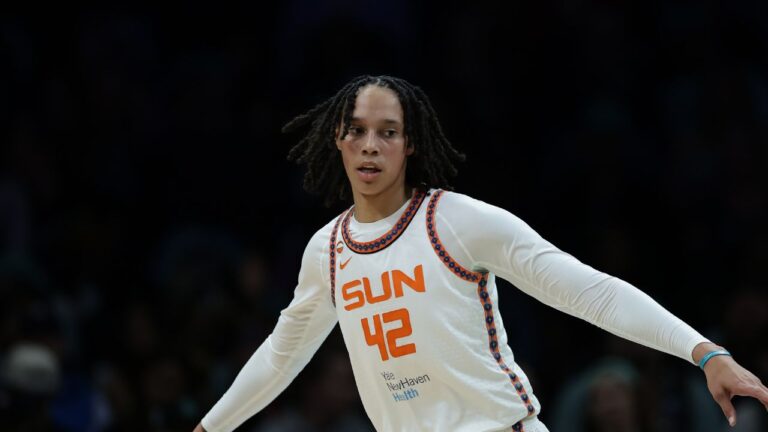 Connecticut Sun center Brittney Griner defends during a game against the New York Liberty in New York on Friday, May 8, 2026. (Adam Hunger/AP)