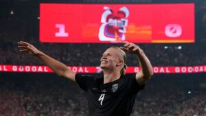 Erling Haaland celebrates after scoring during the World Cup Group I match between Norway and Senegal in East Rutherford, N.J., near New York, Monday, June 22, 2026. (Steve Luciano/AP)