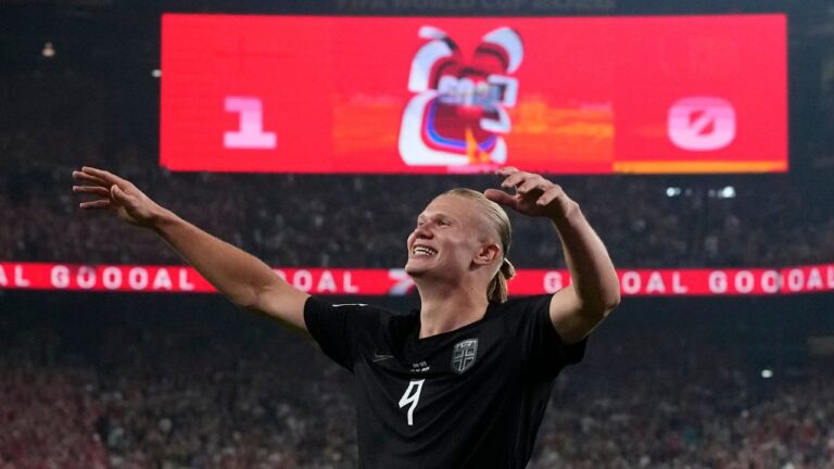 Erling Haaland celebrates after scoring during the World Cup Group I match between Norway and Senegal in East Rutherford, N.J., near New York, Monday, June 22, 2026. (Steve Luciano/AP)
