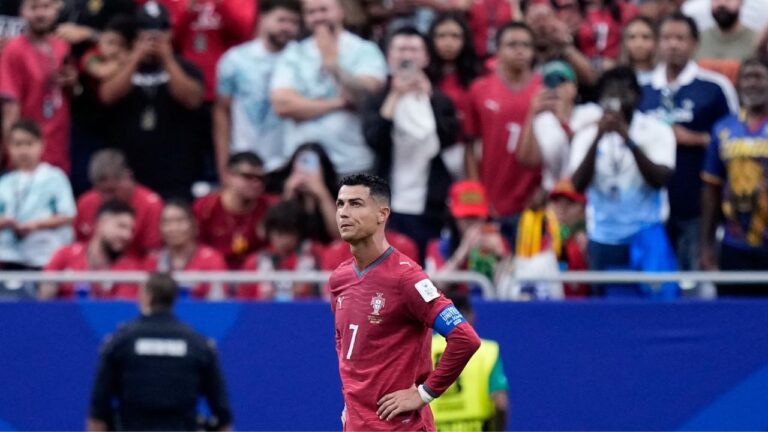 Cristiano Ronaldo reacts at the the end of the World Cup Group K match between Portugal and Congo in Houston, Wednesday, June 17, 2026. (Ashley Landis/AP)