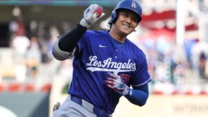 Shohei Ohtani celebrates as he runs the bases on his solo home run against the Minnesota Twins on Monday, June 22, 2026, in Minneapolis. (Matt Krohn/AP)