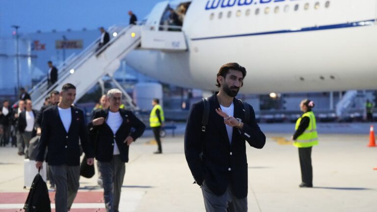 Iran goalkeeper Alireza Beiranvand gestures as he arrives with his teammates for the World Cup in Tijuana, Mexico, Sunday, June 7, 2026. (Gregory Bull/AP)