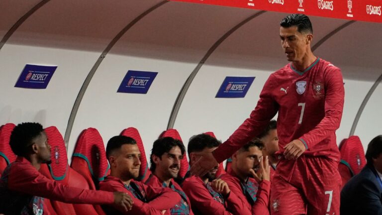Portugal's Cristiano Ronaldo walks to the bench after he was substituted during a friendly against Nigeria in Leiria, Portugal, Wednesday, June 10, 2026. (Ana Brigida/AP)