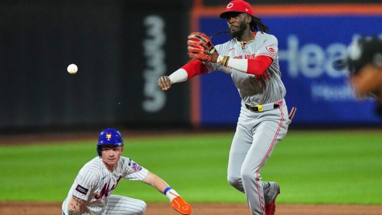 Elly de la Cruz throws out New York Mets' Mark Vientos at first base during the sixth inning of a game on Tuesday, May 26, 2026, in New York. (Frank Franklin II/AP)