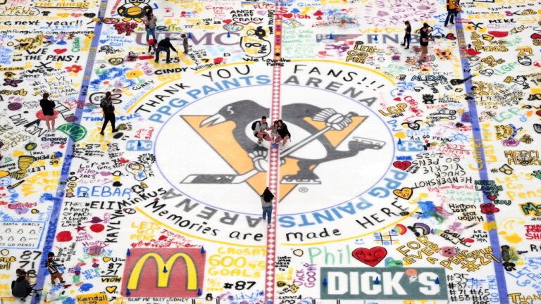 Pittsburgh Penguins season ticket holders participate in Paint The Ice day at PPG Arena marking the end of the NHL hockey season for their Penguins, in Pittsburgh, Saturday, April 19, 2025. (Gene J. Puskar/AP)
