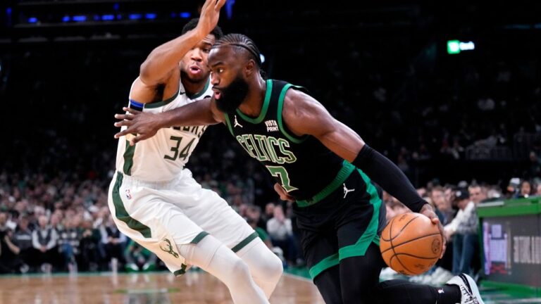 Jaylen Brown drives to the basket past Giannis Antetokounmpo during the first half of an NBA game on Wednesday, Nov. 22, 2023, in Boston. (Charles Krupa/AP)