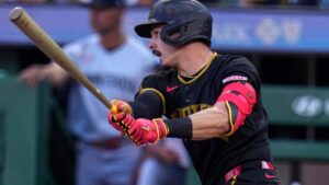 Pittsburgh Pirates' Konnor Griffin drives in a run during the first inning of a baseball game in Pittsburgh, Friday, May 29, 2026. (Gene J. Puskar/AP)