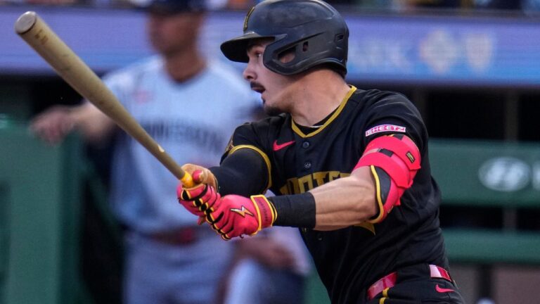 Pittsburgh Pirates' Konnor Griffin drives in a run during the first inning of a baseball game in Pittsburgh, Friday, May 29, 2026. (Gene J. Puskar/AP)