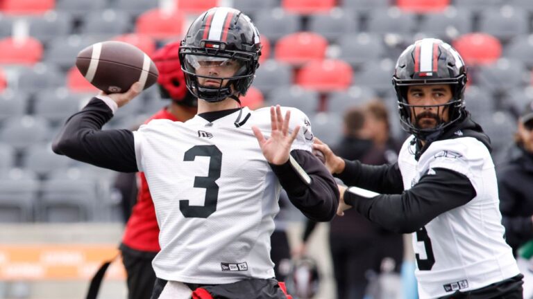 Ottawa Redblacks quarterback Dru Brown participates in the team’s training camp in Ottawa on Sunday, May 10, 2026. (Patrick Doyle/CP)