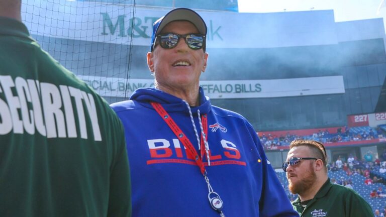 Jim Kelly walks the sideline before an game between the Buffalo Bills and the Miami Dolphins on Sunday, Oct. 1, 2023, in Orchard Park, N.Y. (Gary McCullough/AP)