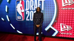 Isaiah Evans arrives for the first round of the NBA Draft on Tuesday, June 23, 2026, in New York. (Adam Hunger/AP)