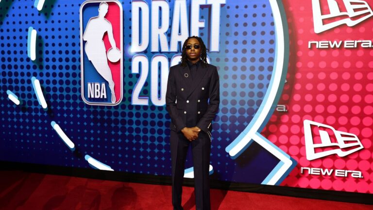 Isaiah Evans arrives for the first round of the NBA Draft on Tuesday, June 23, 2026, in New York. (Adam Hunger/AP)