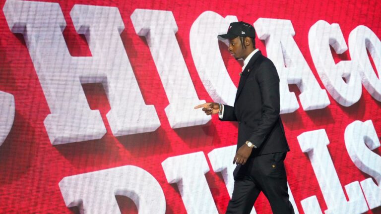 Caleb Wilson walks off the stage after being selected by the Chicago Bulls in the first round of the NBA Draft on Tuesday, June 23, 2026, in New York. (Yuki Iwamura/AP)
