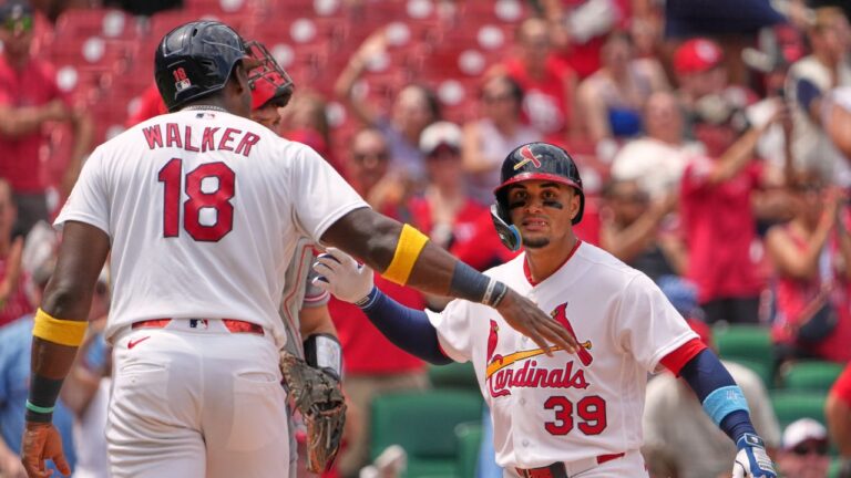 St. Louis Cardinals' Bryan Torres (39) is congratulated by teammate Jordan Walker (18) after hitting a two-run home run during the fifth inning of a baseball game against Cincinnati Reds Sunday, June 7, 2026, in St. Louis. (Jeff Roberson/AP)