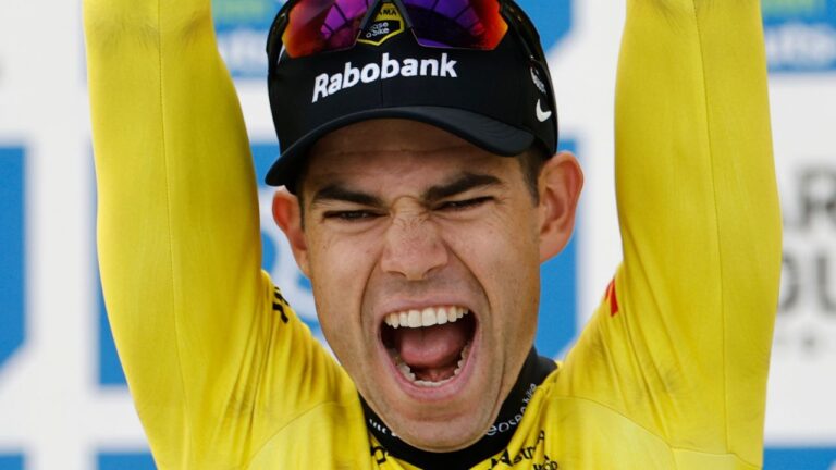 Belgium's Wout van Aert celebrates after winning the Paris-Roubaix in Roubaix, France, on April 12, 2026. (Jean-Francois Badias/AP)