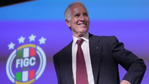 Giovanni Malagò smiles after being elected President of the Italian Soccer Federation (FIGC), in Rome, Monday June 22, 2026. (Alfredo Falcone/LaPresse/AP)