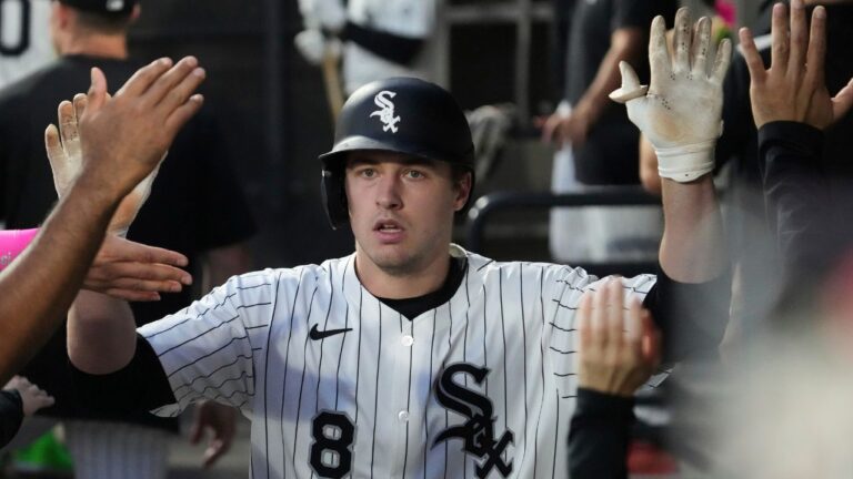 Chicago White Sox catcher Kyle Teel celebrates with teammates after hitting a home run during a game in Chicago on Sept. 16, 2025. (Nam Y. Huh/AP)
