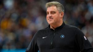 Micah Nori during a Minnesota Timberwolves NBA playoff game in Denver. (David Zalubowski/AP)