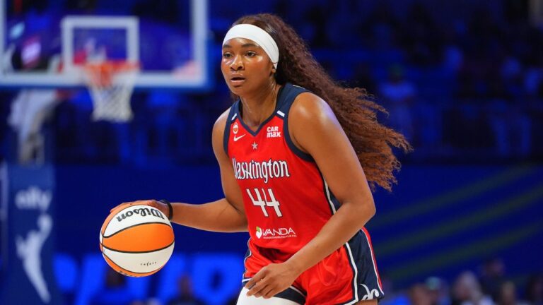 Washington Mystics forward Kiki Iriafen during the first half of a WNBA game against the Dallas Wings in Arlington, Texas, on May 18, 2026. (LM Otero/AP)