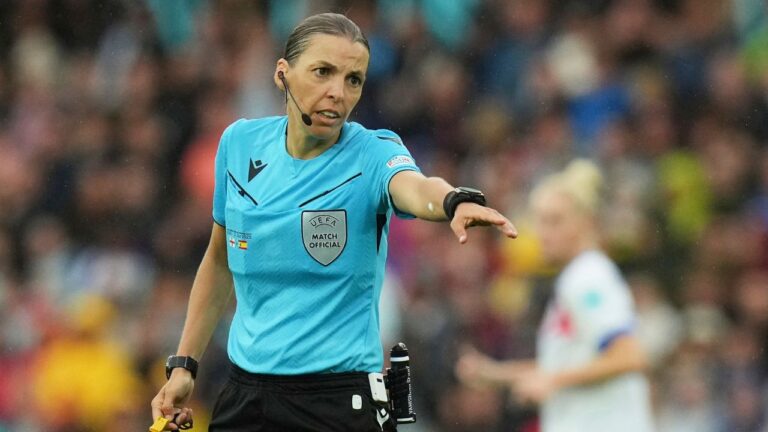 Referee Stephanie Frappart during the Women's Euro match at St. Jakob-Park in Basel, Switzerland, on Sunday, July 27, 2025. (Alessandra Tarantino/AP)
