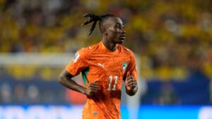 Yan Diomande in action during Côte d'Ivoire's World Cup match against Ecuador in Philadelphia, Sunday, on June 14, 2026. (Matt Slocum/AP)