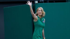 Former Wimbledon singles champion Chris Evert arrives for a 100 years of Centre Court celebration at Wimbledon in London, on July 3, 2022. (Kirsty Wigglesworth/AP)