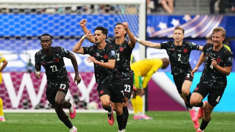 Canada's Stephen Eustaquio celebrates scoring their opening goal against South Africa during the World Cup round of 32 soccer match in Inglewood, Calif., near Los Angeles, Sunday, June 28, 2026. (Andre Penner/AP)