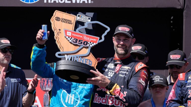 Shane van Gisbergen celebrates after winning a NASCAR Cup Series auto race at Sonoma Raceway, Sunday, June 28, 2026, in Sonoma, Calif. (Jeff Chiu/AP)